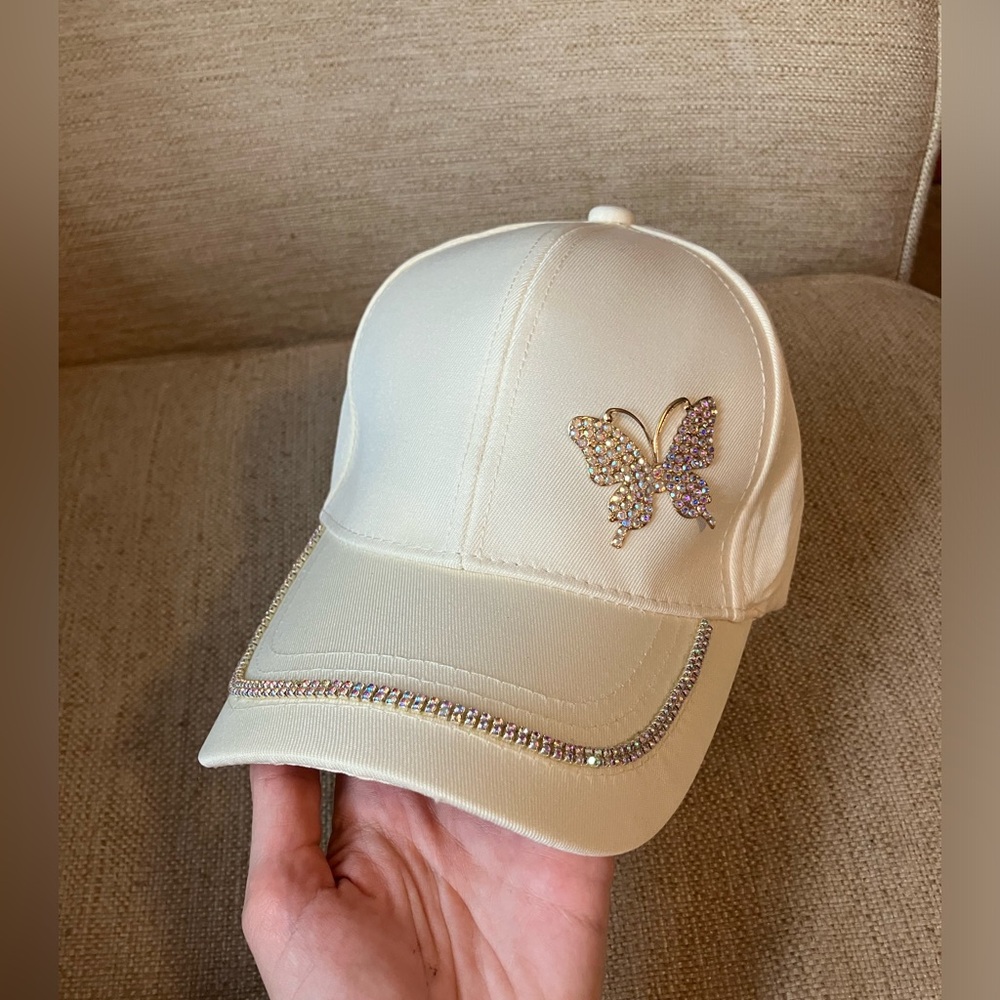 White hat with rhinestone butterfly and trim - Picture 5 of 8